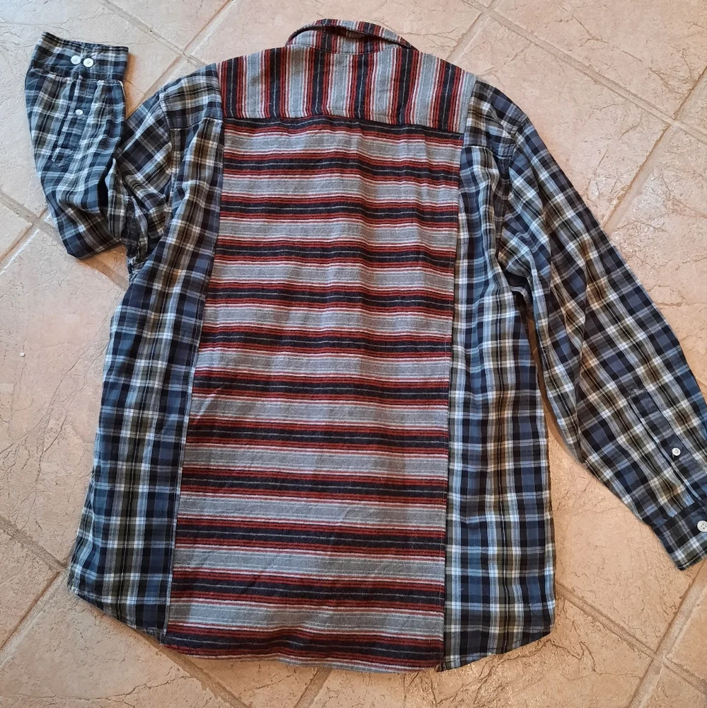 Spliced Flannel Plaid Shirt Upcycled Mens M-L womans L-XL unisex - Picture 3 of 5